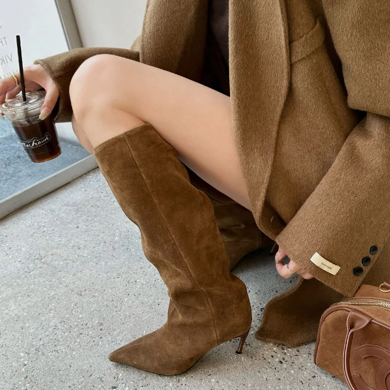Winter New Style French-Style Minimalist Pointed-Toe Low-Heeled Women's Retro Versatile Suede High-Heeled Large-Size Long Boots