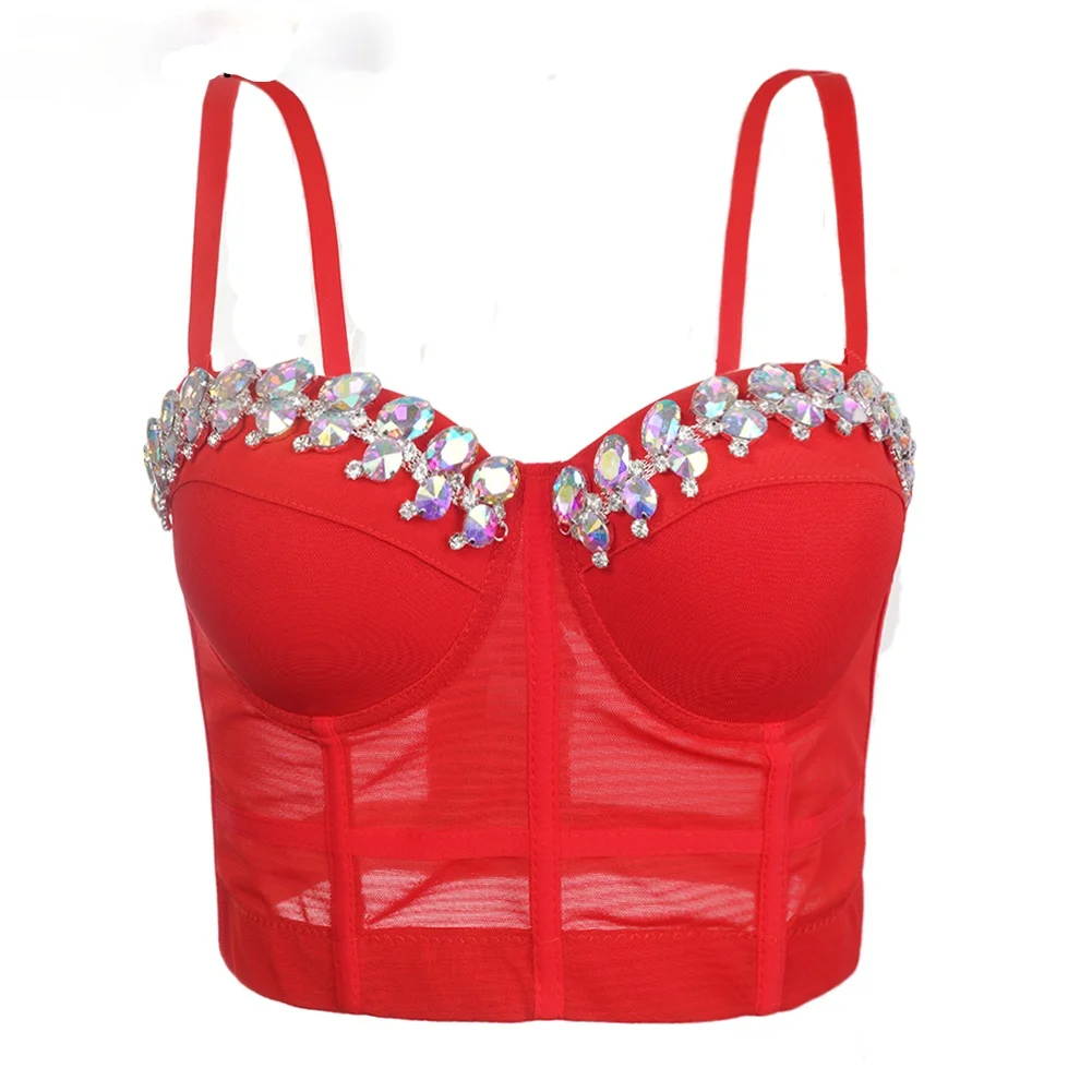 Sexy Rock Punk Bra Diamond & Pearl Decoration Push Up Bralette Lingerie Anti-light Shockproof Bra Clubwear Corset Plus Size