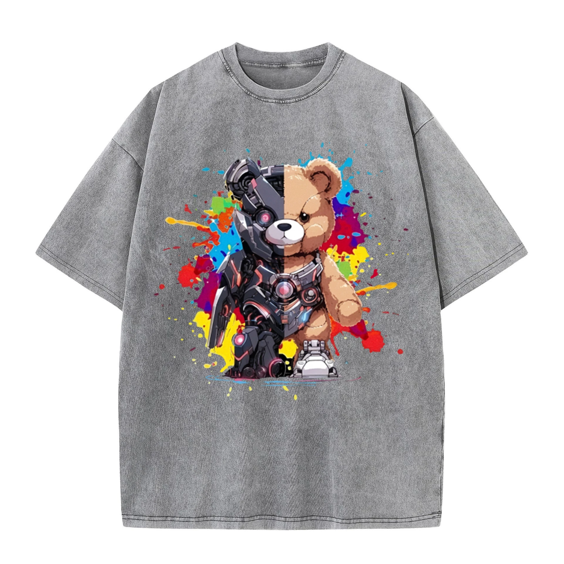

Womans Cotton Washed T-Shirts Fashion Loose O-Neck Tees Mech Warrior Bear Printing Short Sleeve Summer Street Female Clothes