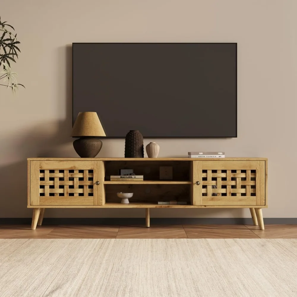 Supporto TV in rattan con design scanalato per TV da 65 pollici - Centro di intrattenimento portaoggetti, mobile console multimediale