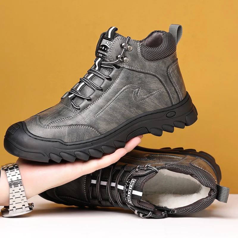 

Повседневная кожаная обувь для мужчин, зимние нескользящие ботинки на термостойкой меховой подкладке для папы, водонепроницаемые зимние ботинки, уличная прогулочная обувь