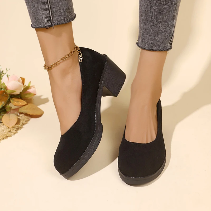 

High Quality Spring and Autumn Women's Shoes Fashionable Round Toe Shallow Mouth Medium Heel Suede Slip-On Women's High Heels