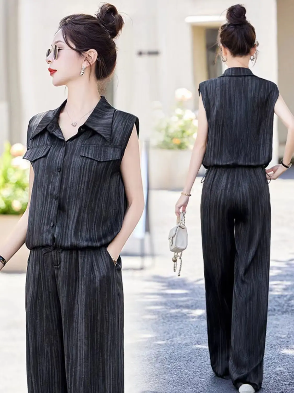 Small Fragrant Wind Set for Women's Spring/Summer New Fashion Western Stripe Shirt Wide Leg Pants Two Piece Set