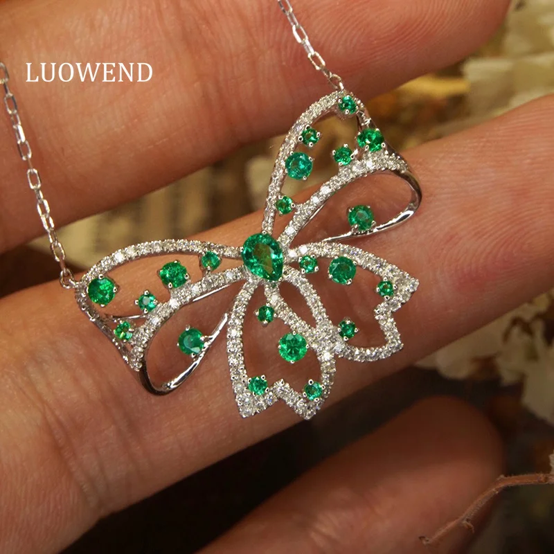 

LUOWEND 18K White Gold Necklace Luxury Bowknot Design Real Natural Diamond Natural Emerald Necklace for Women Wedding Jewelry