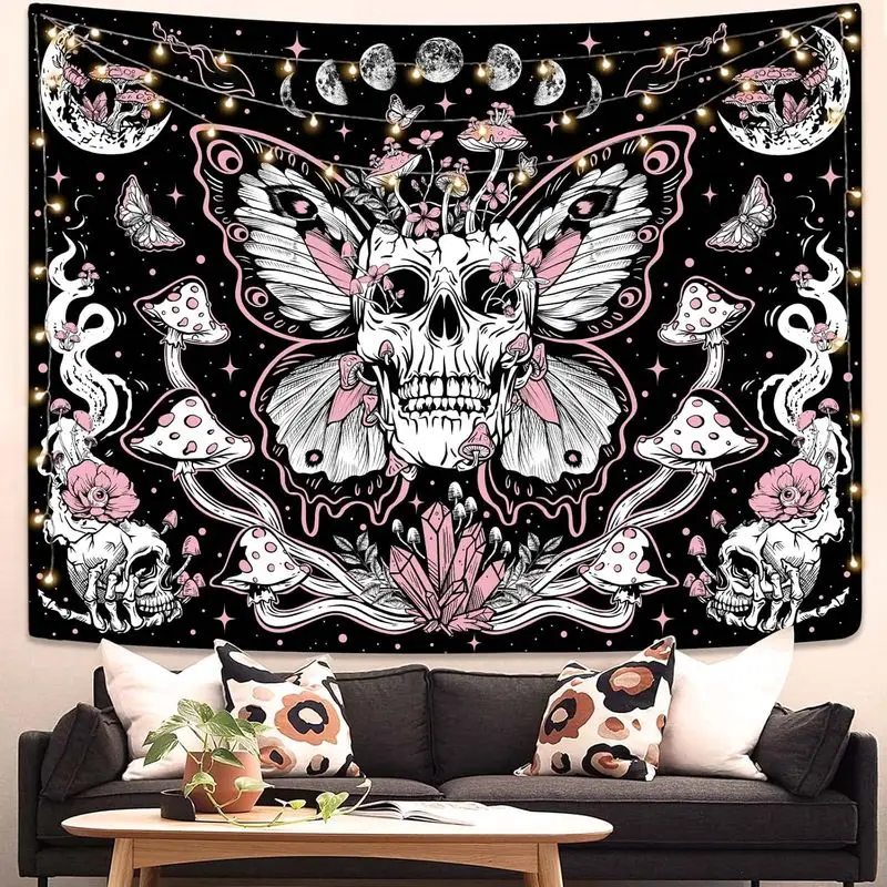 VIKAMA Pink Butterfly Skull Tapestry Moon Phase Mushroom Crystal Witchy Wall Hanging Dark Aesthetic Dorm Bedroom Home Decor