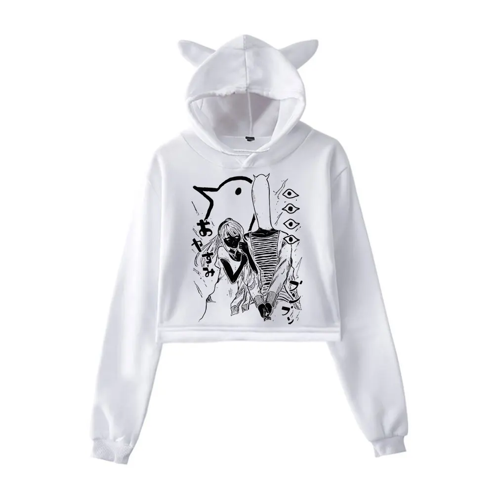 

2023 Oyasumi Goodnight PunPun Cat Ear Hoodie Women Long Sleeve Cropped Sweatshirts Female Casual Streetwear Crop Tops