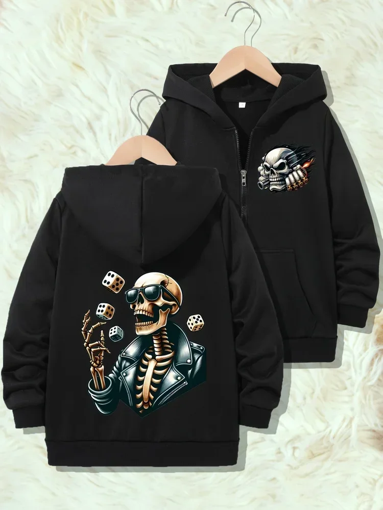 Kids Fashion Rock Skull Dice Print Zip Up Hooded Jacket Boys Long Sleeve Loose Sports Street Outerwear