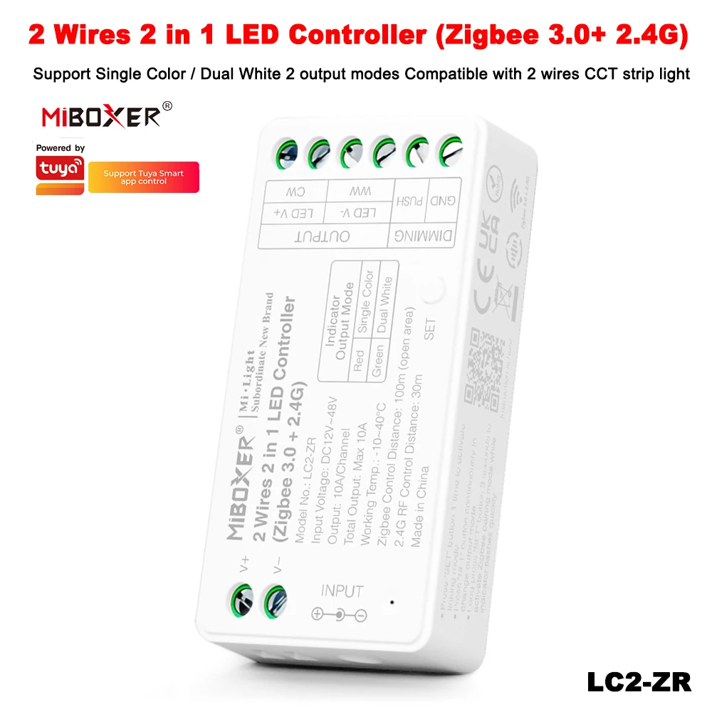 Miboxer LC2-ZR Zigbee 3.0+2.4GHzRF 2Wires 2in1 Brightness adjustable Single color/Dual white CCT Controller Dimmer for Led Strip