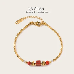 YACHAN 18K Gold Plated Stainless Steel Beaded Bracelet for Women Vintage Luxury Red Natural Stone Jewelry Waterproof