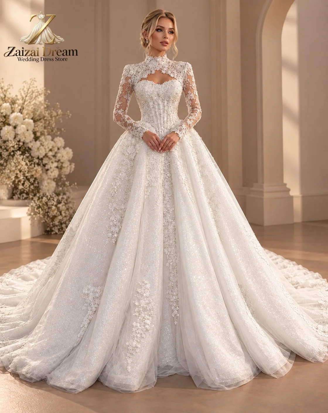Customized Detachable Jacket Long Sleeve Bridal Gown 3D Floral Appliques Princess Ball Gown Wedding Dress Vestidos De Novia