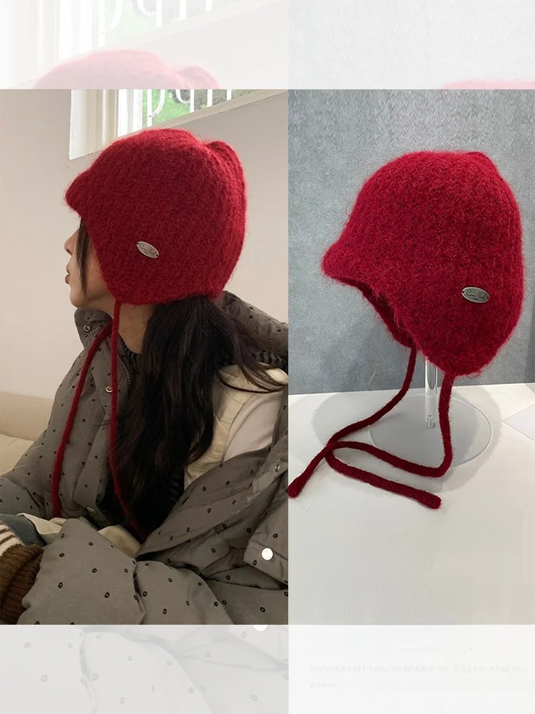 Super Cute ~ Ankela Red Hat Women Winter Korean Series Simple Earmuff Knitted Hat High Quali Woolen Cap