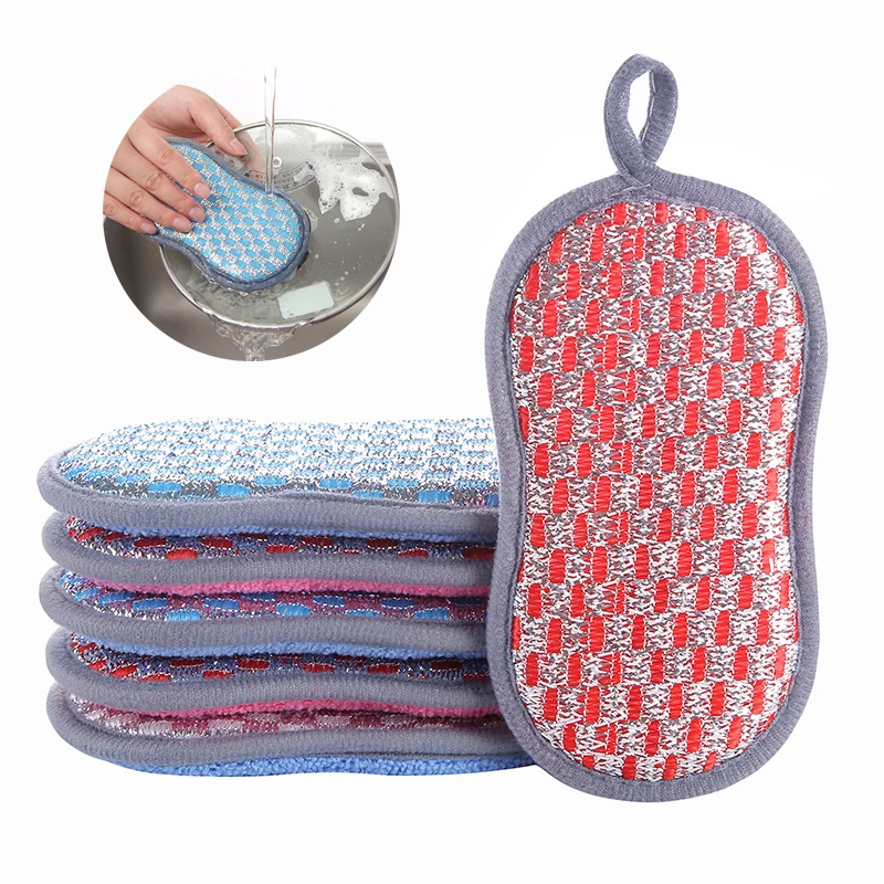 Double Sided Scouring Pad Reusable Microfiber Dish Cleaning Sponges Cloths No Scraping Efficient Decontamination Kitchen Tool