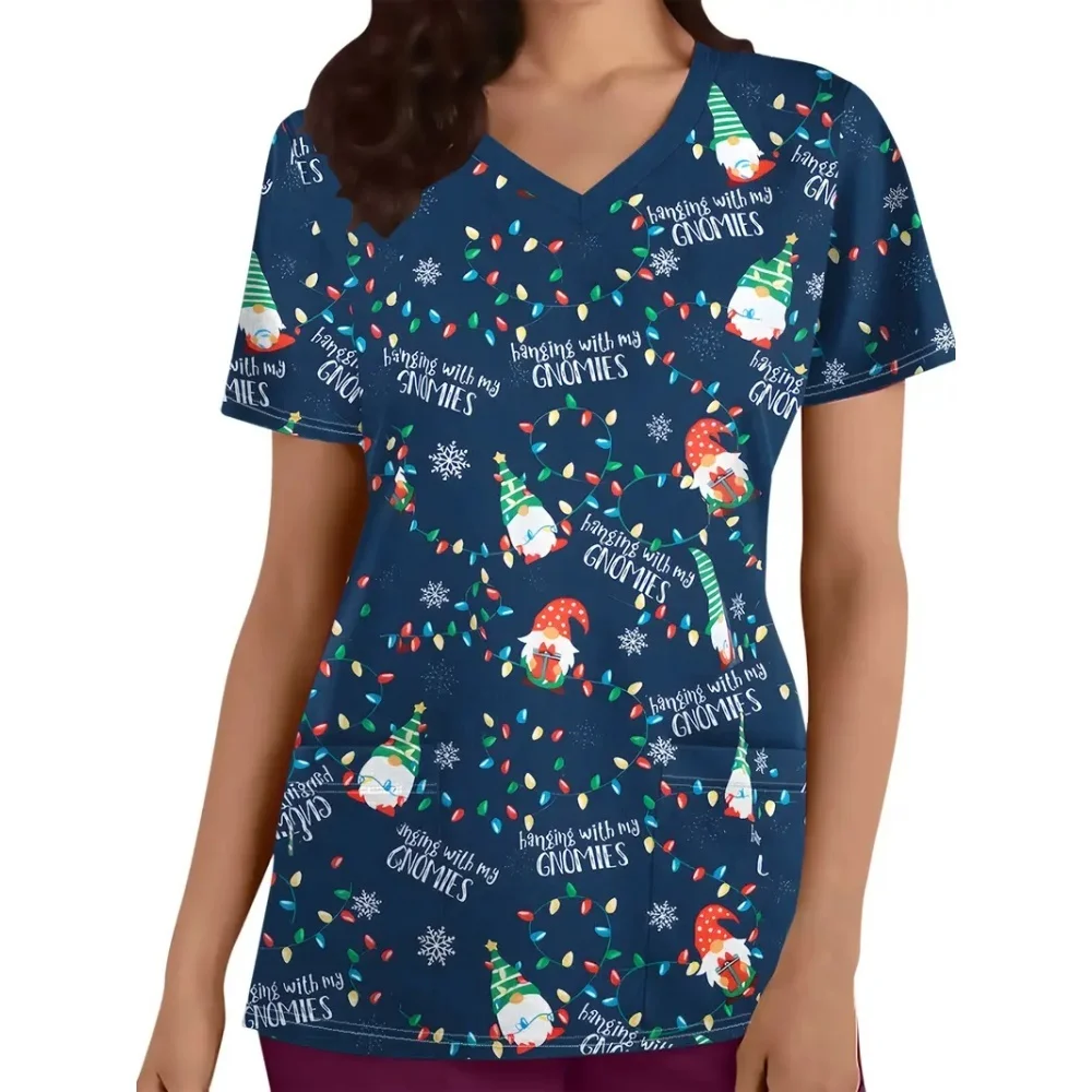 Scrub Medical Woman Summer Christmas Snowman Print V-Neck Short Sleeves Cute Nursing Uniforms Tops Dental Women's Nurse Clothes