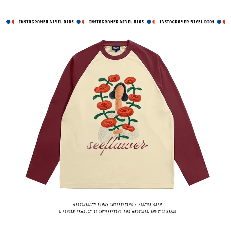 

Creative Oversize Cotton Long Sve T-irt Vine Rose Pattern Print oulder T-irt Early Autumn Pure Cotton ex T-irt
