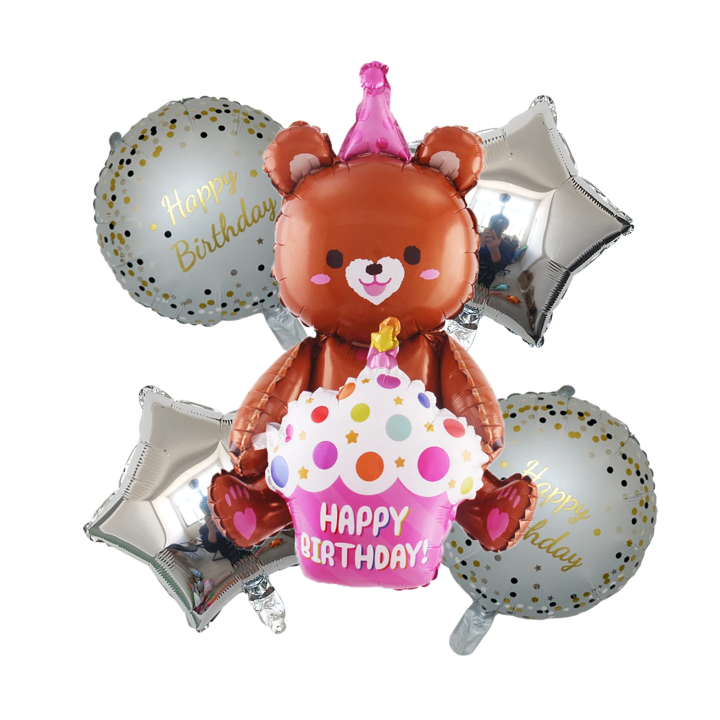 5 PCS Happy Birthday Balloon Set With Stars, Cake Bears Party Decoration And Gender Display