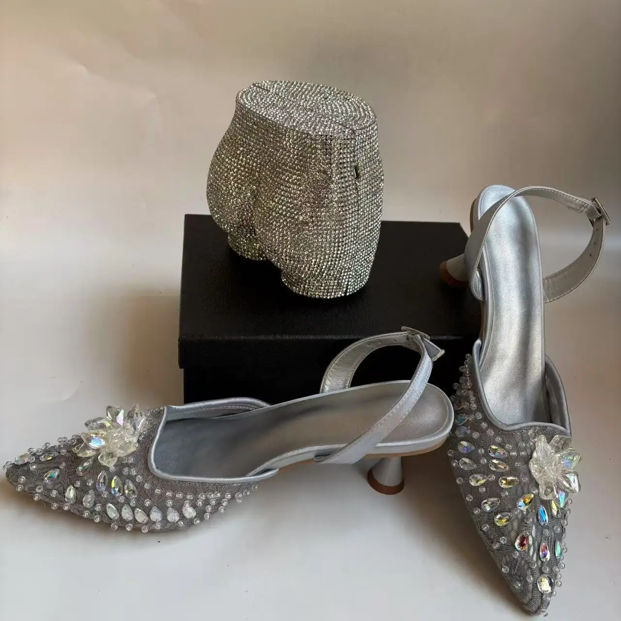 

LNATISNOVA High-Heeled Crystals Shoes Big Rhinestones Sexy sandal With clutch Bag Beautiful Girly Style gems Shoes And Bag