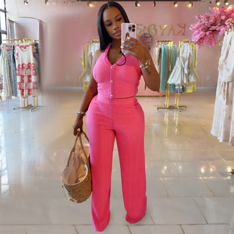 

Doyerl Solid Knitted 2 Pieces Set for Woman Outfit Elegant Club Halter Backless Lace-up Top and Wide Leg Pants Matching Sets