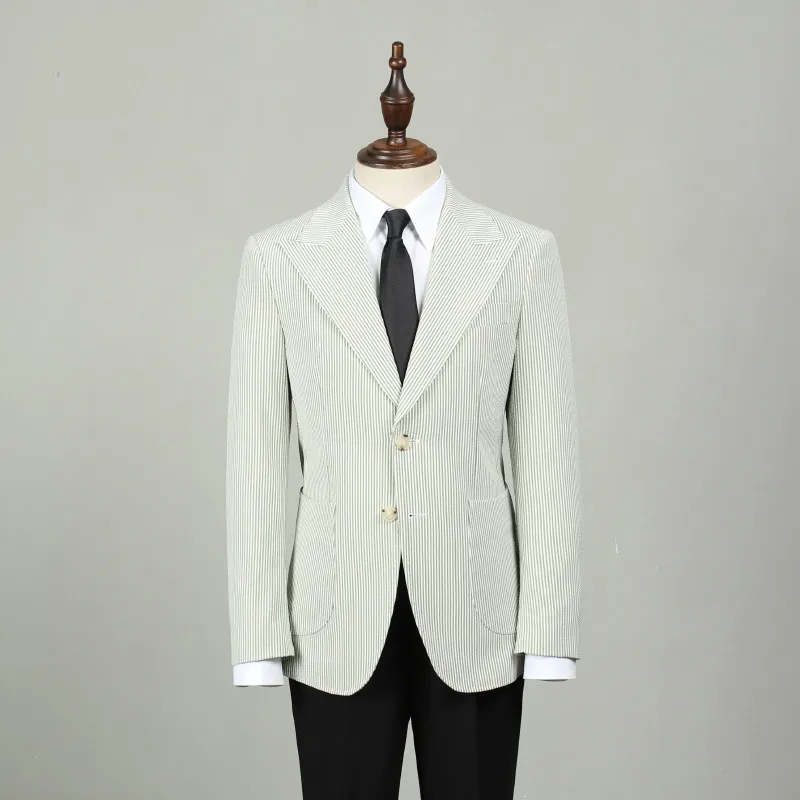 

Seersucker Slim Suits for Men Formal Casual Summer Beach Wedding Grooms Single-breasted Blazer Pants Party Striped Suit Sets