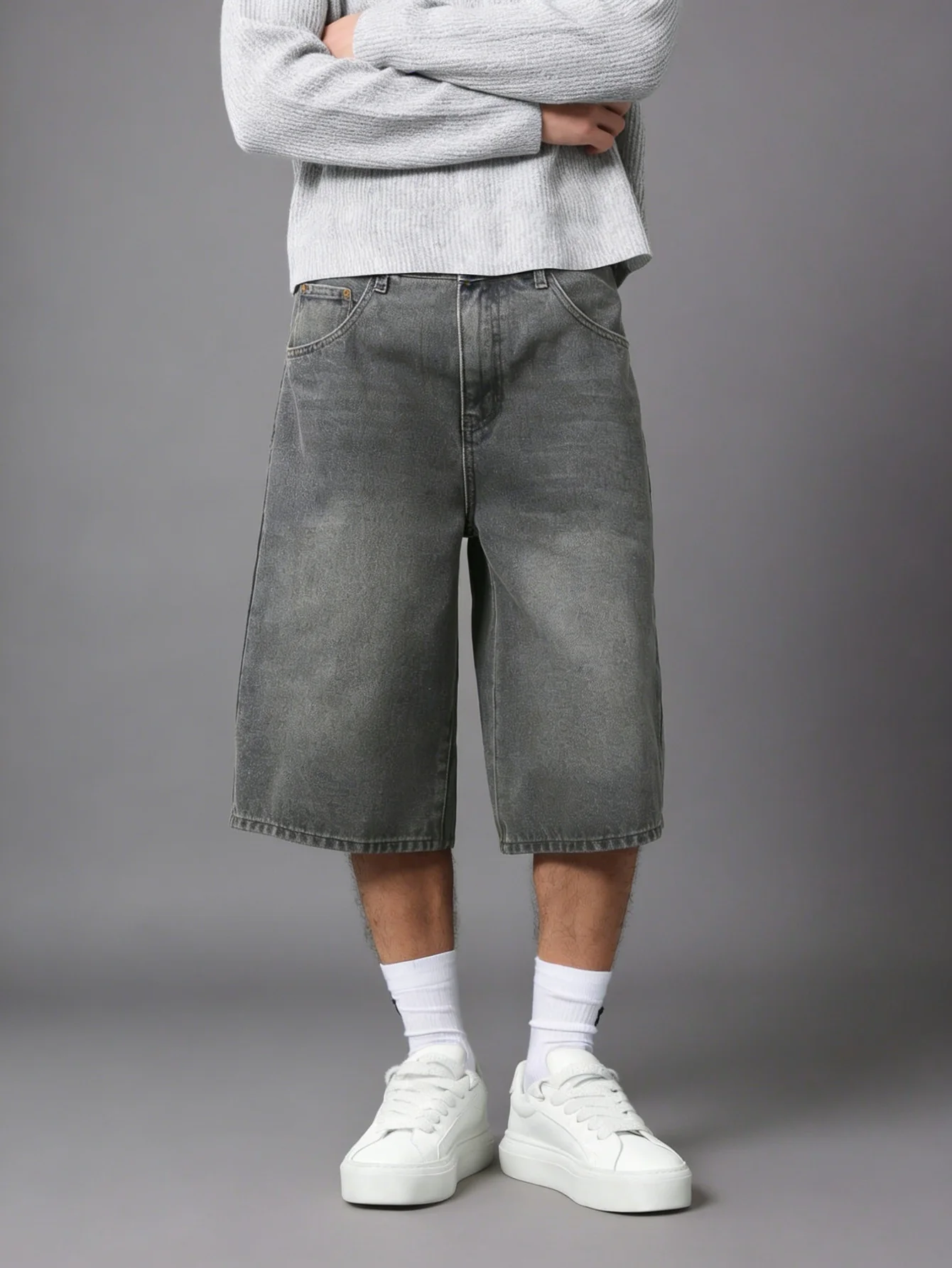 Basic solid color denim jorts for men loose fit non stretch material casual daily wear black gray light color shorts