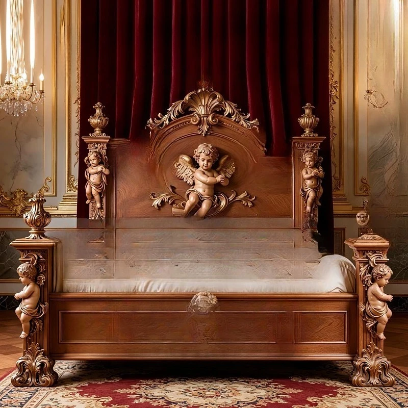 European solid wood carving flower bed palace wind angel statue villa bed