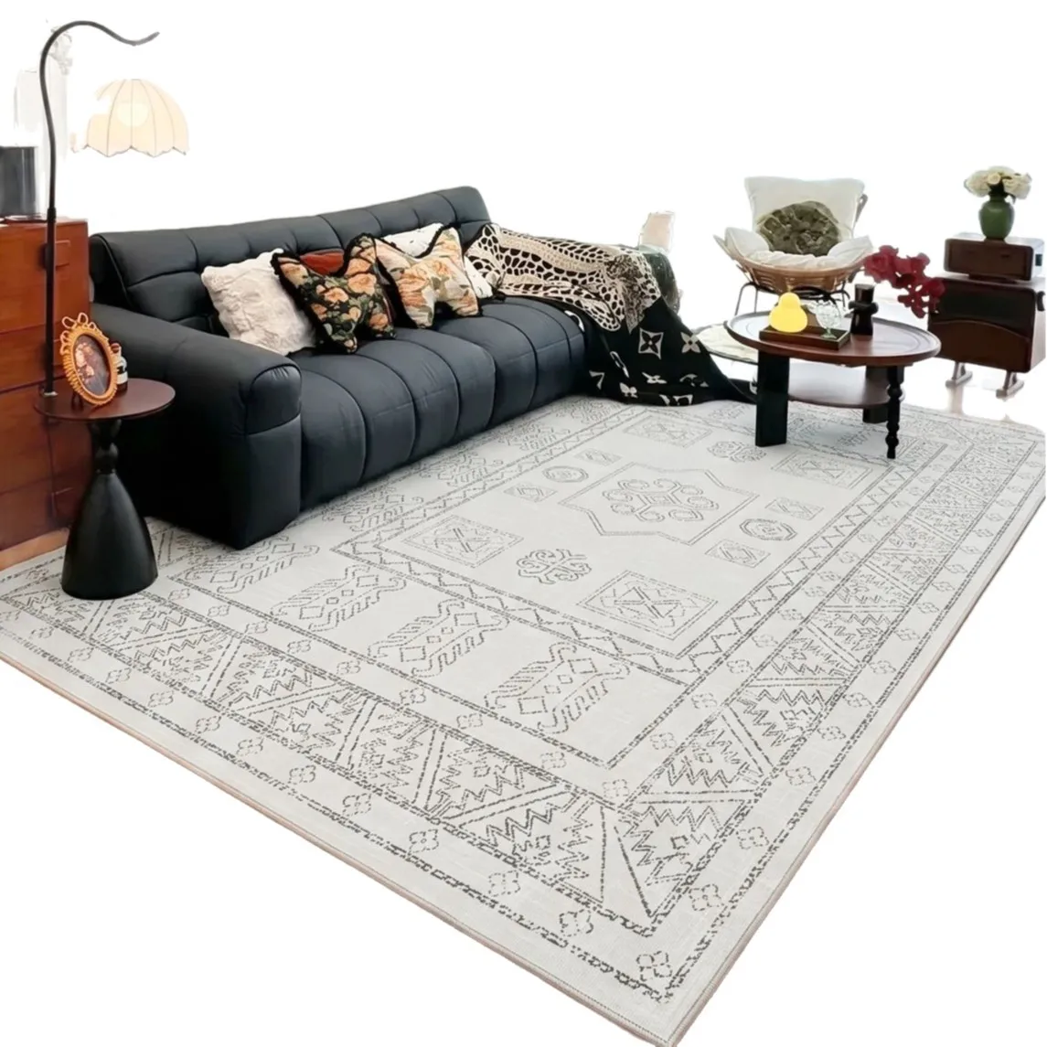Vintage Washable Living Room Rug, Thick Non-Slip Carpet for Pets, Large Area Bedroom Floor Mat, Machine Washable