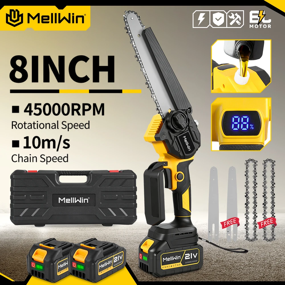 Image of MELLWIN Bürstenlose 8-Zoll-Elektrokettensäge mit automatischer Ölschmierung, Gartensäge zum Holzschneiden, Beschneiden und Fällen, kompatibel mit Makita 18V-Akku.