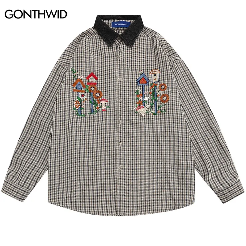 Harajuku Plaid Shirt Fashion Embroidery Floral Flowers Long Sleeve Button Shirts Streetwear Hip Hop Casual Blouses Yellow Black