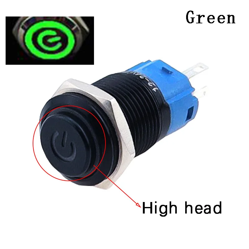 12mm 16mm 19mm 22mm High Head Led Metal Button with Light Waterproof  Reset Self Locking Oxidized Black Power  Symbol Switch