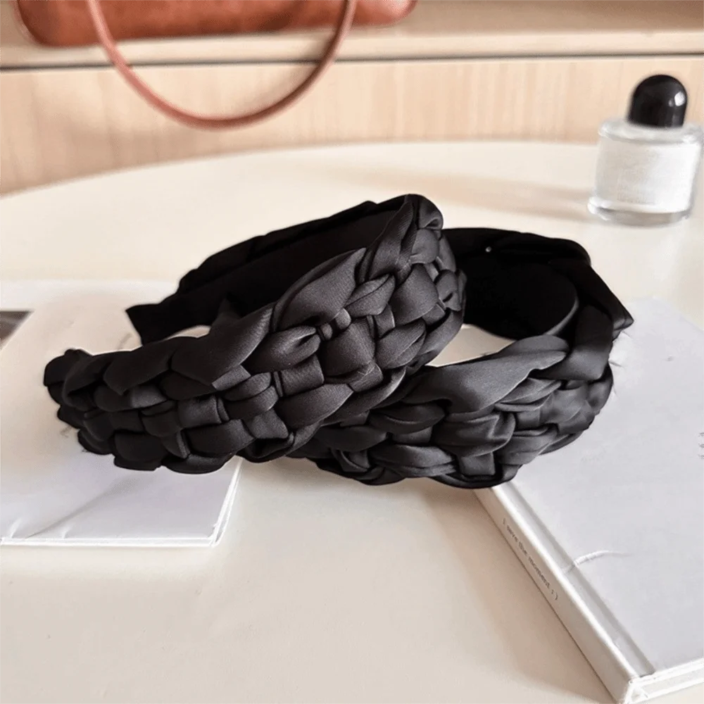 

Handmade Satin Braided Hairband Wide Padded Design Black Headband Thickened Korean Style Women Head Hoop Party