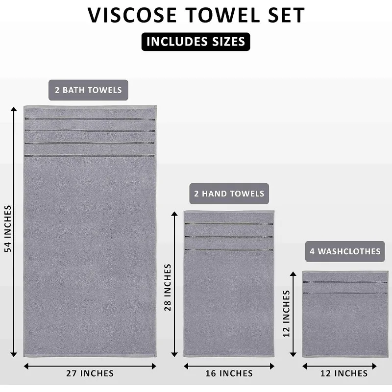 8-Piece Luxury Towel Set, Ring Spun Cotton Highly Absorbent Viscose Stripe Towels Ideal for Everyday use (Cool Grey)