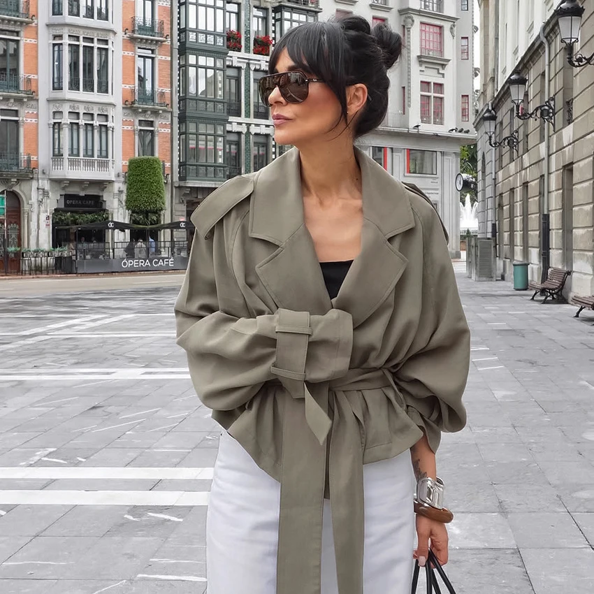 

Vintage Women Lace Up Short Jacket Street Fashion Autumn Turn Down Collar Cropped Coat Green Lady Outerwear Short Trench Coat