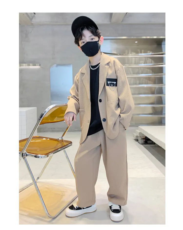 Anzug für Jungen, Blazer + Hose, zweiteilig, schwarz, khaki, Frühling, Herbst, koreanische Kinderkleidung, lässig, formell, weich, für 5 bis 14 Jahre – Detail 6