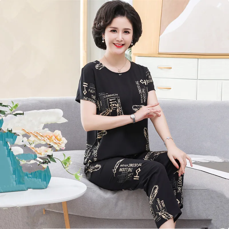 UHYTGF Mom Big Size Pajamas Printed Thin Cotton Linen Comfortable Summer Two Piece Set Sleepwear Women Casual Pants Top Suit2412