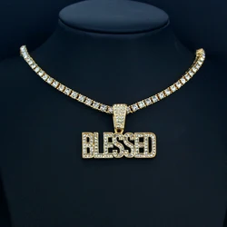 Men Women Hip Hop Iced Out Initial Letter BLESSED Pendant Necklace 4mm Tennis Chain Necklaces Fashion Charm Jewelry Gift