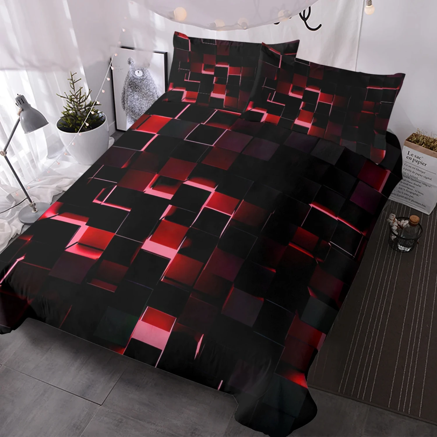 Black Red Geometric Style Abstract Digital Dimensional Square Shaped Cubes 3 Pieces Comforter Cover Bedding Set. Ensemble stars