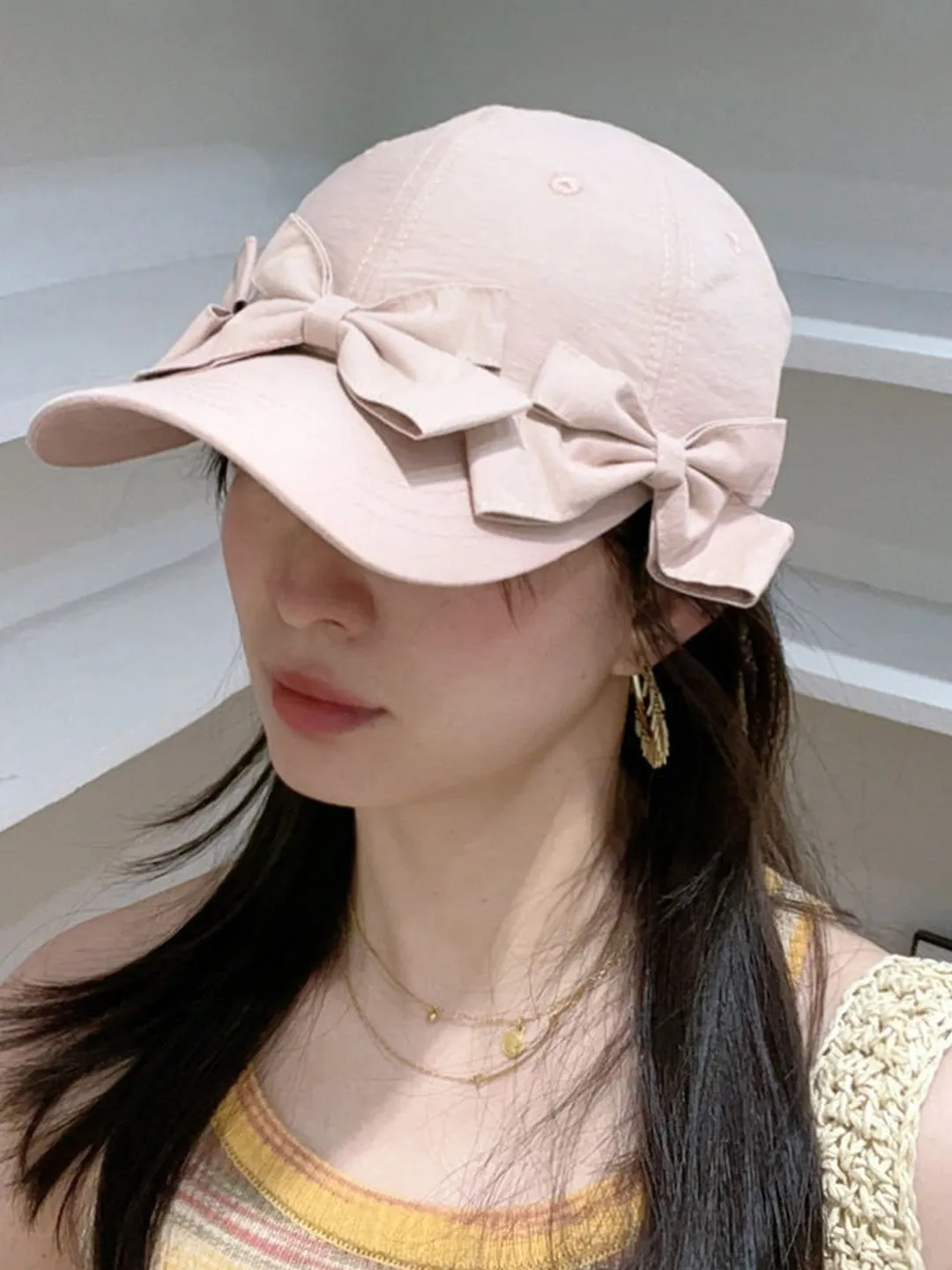 spring-summer-knot-baseball-cap-women's-face-slimming-duckbill-hat-sweet-girl-versatile-cotton-adjustable-hat