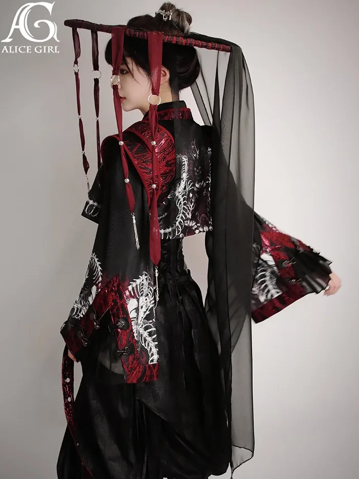 Original Design Dragon Embroidery Chinese Gothic lolita short jacket Black Red Stand Collar Ethnic Costumes Jackets