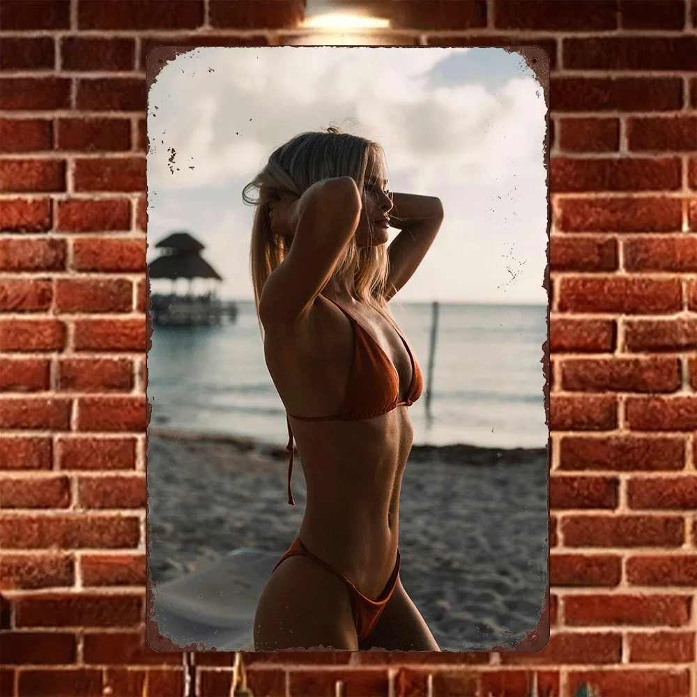 HD Tin Sign Vintage Beach Bikini Blonde Girl Metal Wall Art Retro Decor for Bar Cafe Home