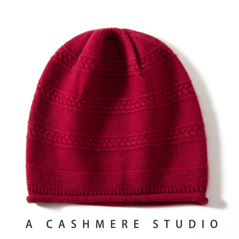 THYFGT High Quality Pure Cashmere Hat for Women Winter Fashion Jacquard Solid Color Striped Knitted Hat Outdoor Warm Cap