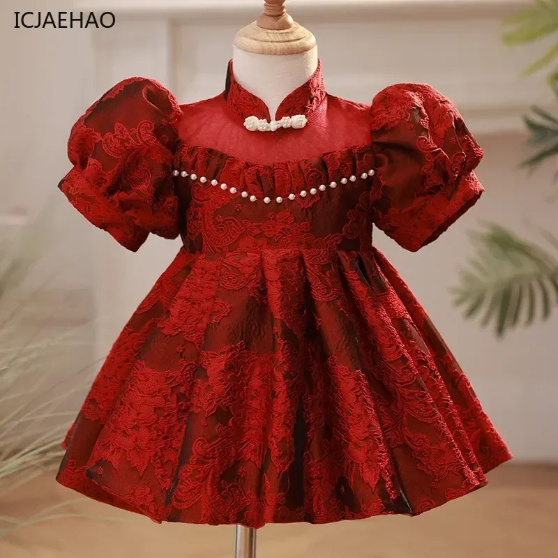 

Baby Girl Clothing Children Flower Dress Outfits Birthday Baptism Elegant Kids Bow Boutique Party Red Ball Gown Toddler Clothes