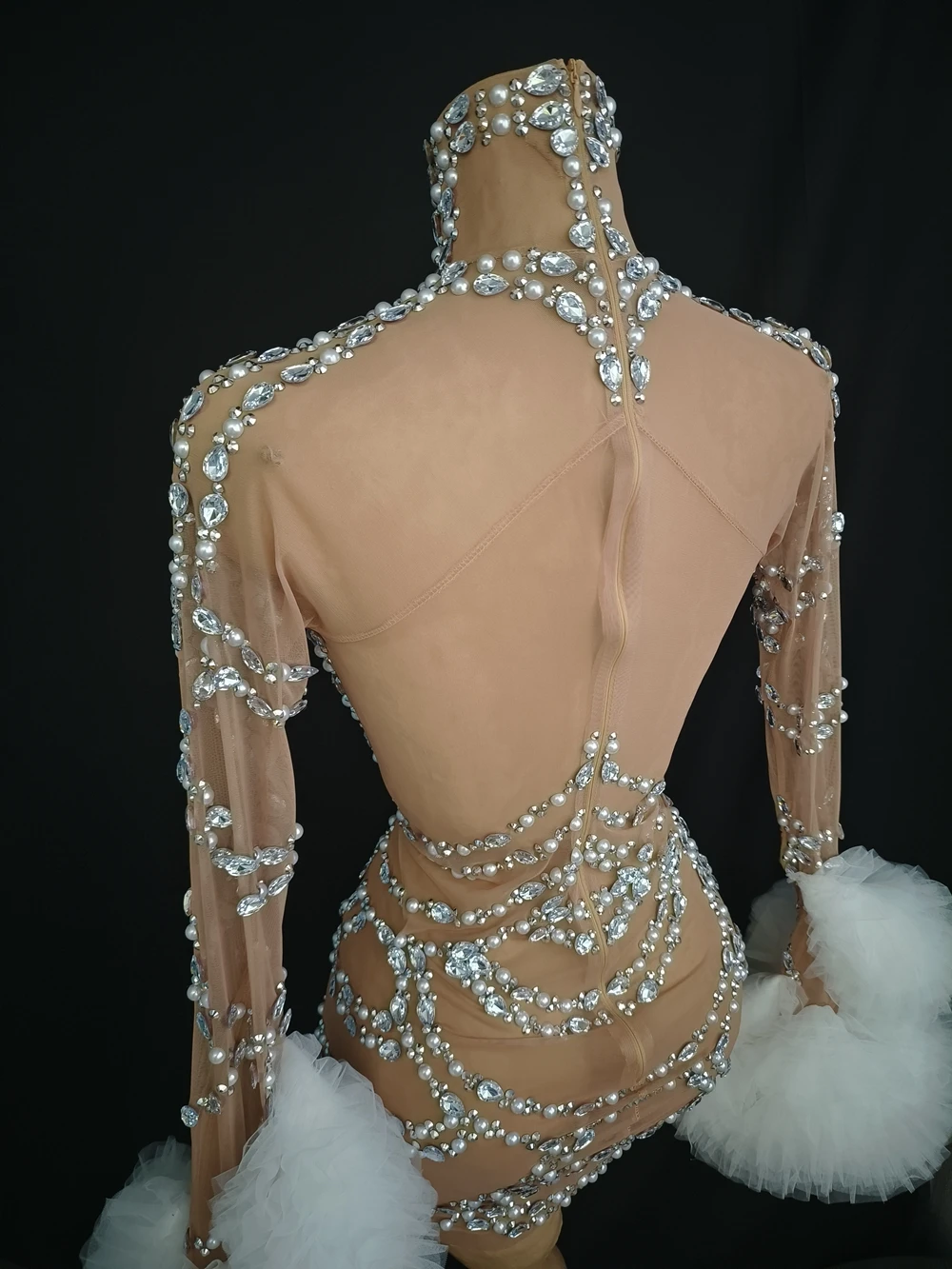 سباركلي الراين اللؤلؤ فستان قصير المرأة مثير شفافة عيد ميلاد احتفال مساء فستان المرحلة زي صورة تبادل لاطلاق النار ارتداء