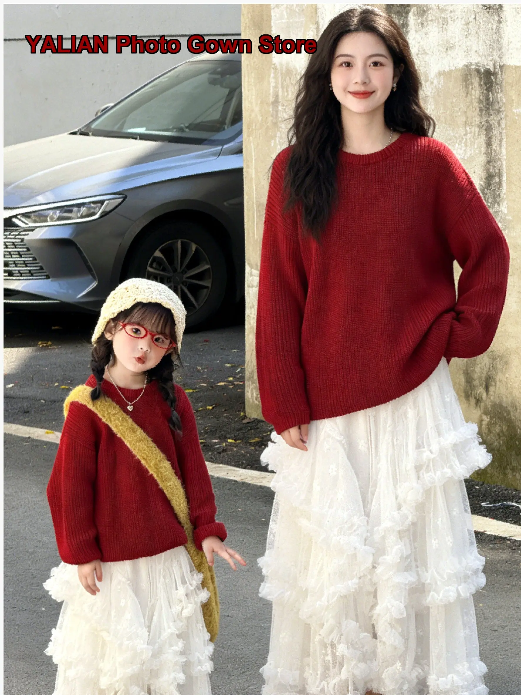 Mother Daughter Two-Piece Set Adults Kids French Style Knit Set Solid Color Warm Casual Matching Outfit Older Kids