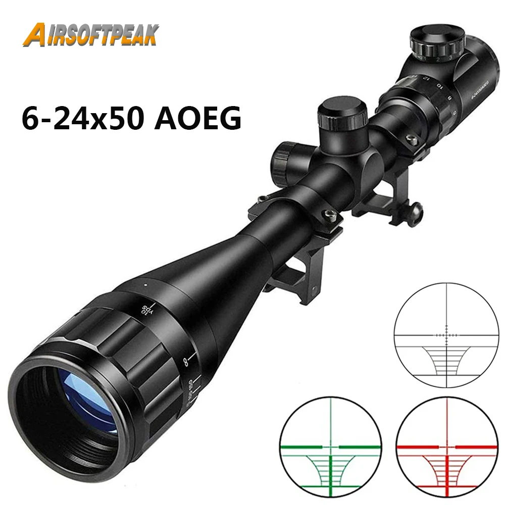 6-24x50 AOEG Tactical Riflescope Red Green Illuminated Gun Scope Airsoft Hunting Optical Sight Scope for 11/20mm Rail Mount