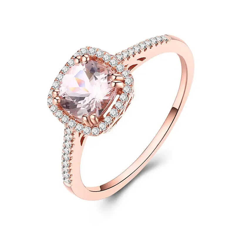 HELON Cushion Cut 6mm Natural Morganite Ring Solid 14K Rose Gold Diamonds Engagement Ring For Women Unique Fine Jewelry Gift