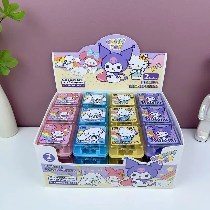 48 pcs Cartoon Sanrio Character Hello Kitty Double-Hole Pencil Sharpener Kuromi My Melody Cinnamoroll Stationery Wholesale