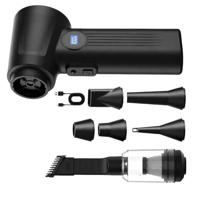 Handheld Dust Blower Vacuum with Round Digital Handle Display, Rechargeable Design for Vehicle Interiors, Work Surfaces, B03E