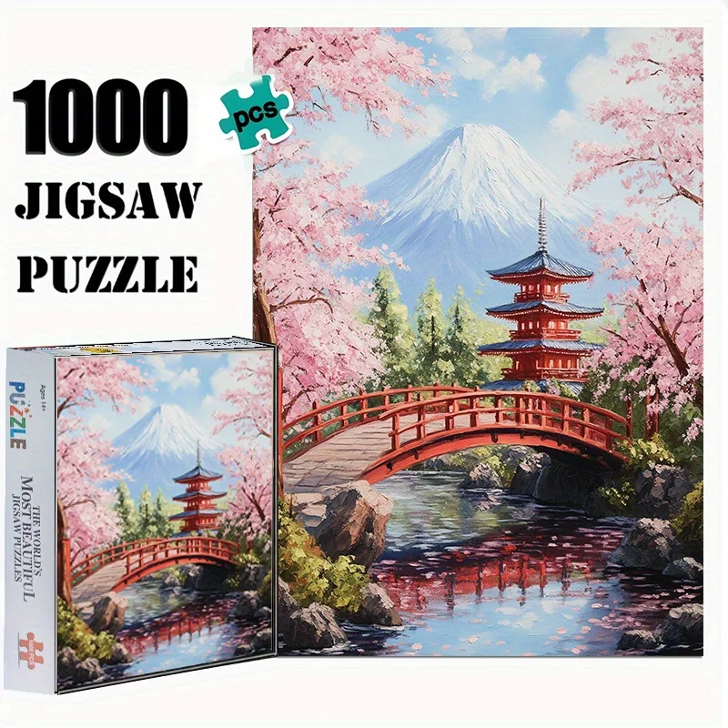1000 قطعة من أحجية الصور المقطوعة العملاقة - أزهار أنيمي جبل فوجي والكرز، 50.04 × 70.1 سم، تحدي المهارات العالية، المناظر الطبيعية اليابانية النابضة بالحياة #1