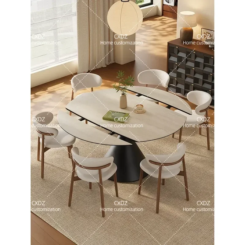 Travertine Stone Retractable Dining Table Foldable Square to Round Dual Purpose Compact Design for Small Apartments Home