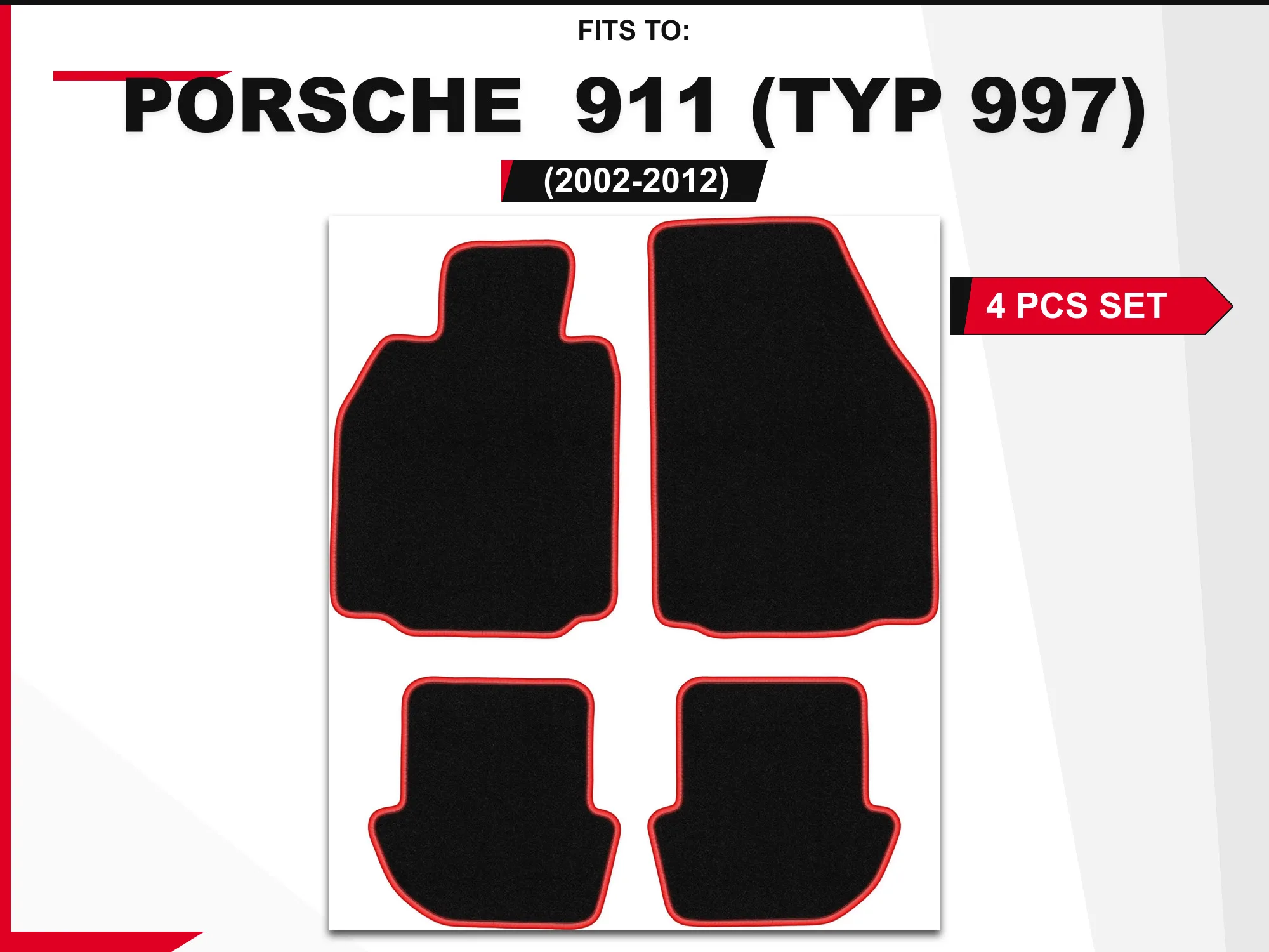 Velour matten voor: Porsche 911 (Type 997) 2002-2012 zwart en rood bijpassende autovloerbedekking set