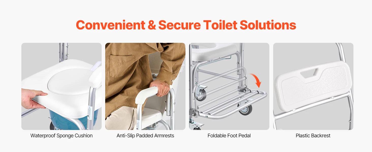 SucceBuy 350 lbs Bedside Commode Chair with Wheels 4-in-1 Portable Raised Toilet Seat with Padded Seat/Backrest/Flip-up Footrest
